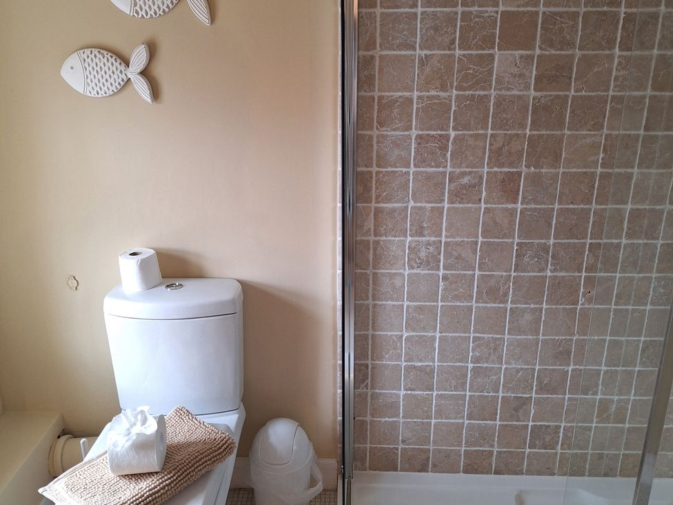 A bathroom with a toilet and shower stall at Fryers Cottage, Seamer, North Yorkshire