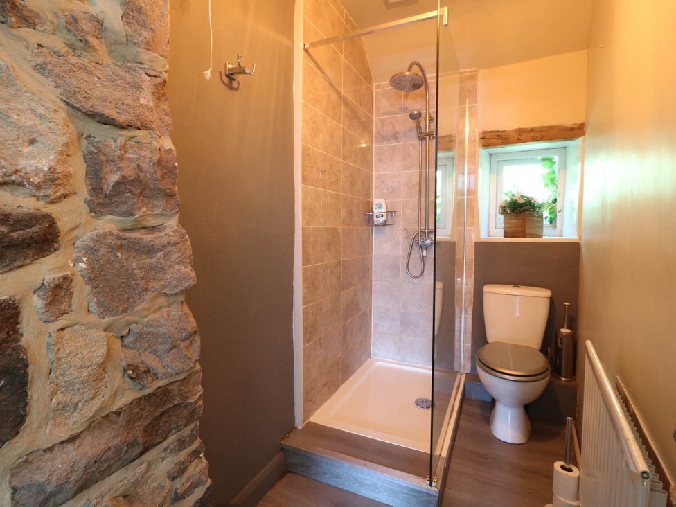 A bathroom with a shower and toilet at Jasmine Cottage in Matlock
