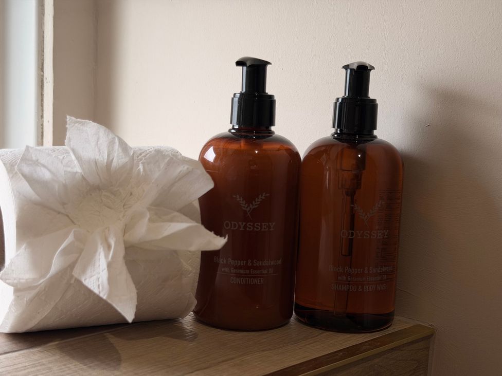 Two bottles of hair and body products next to a roll of toilet paper at Number 8 Llandudno