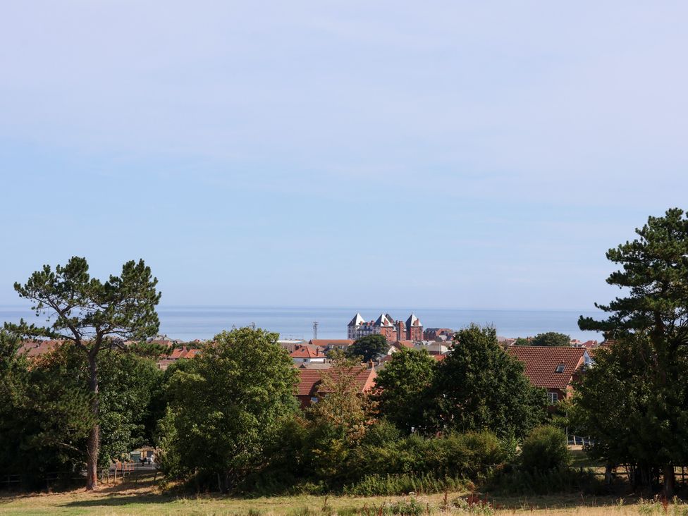 A view of houses and trees with the sea in the background at 26 Metropole Towers in Whitby
