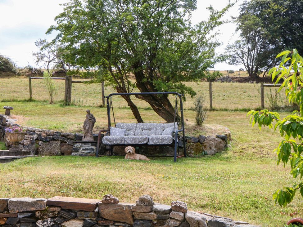 A garden with a swing seat and a dog at Little Moorgate in Okehampton