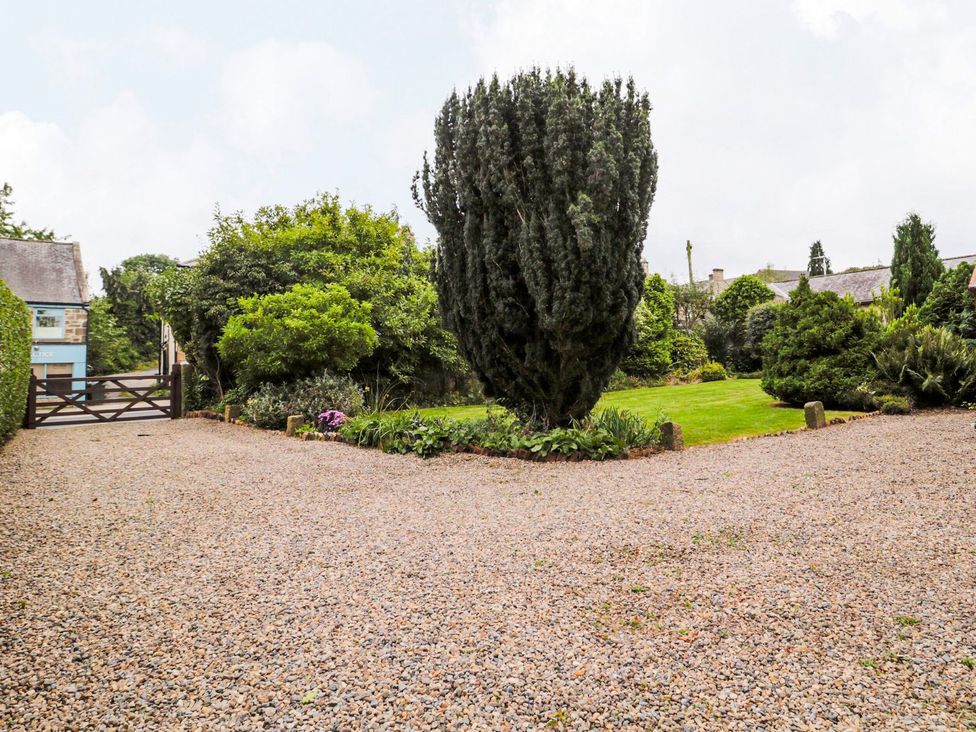 A garden with gravel driveway and trees at Prudhoe Cottage in Prudhoe