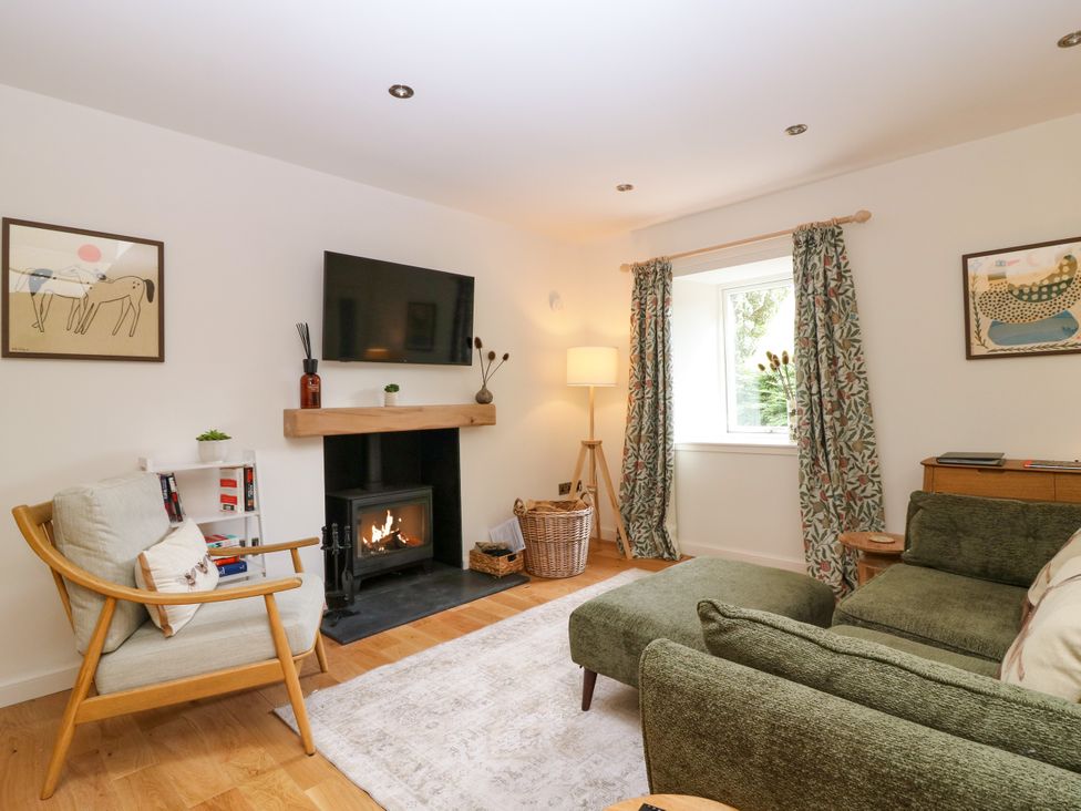 A living room with a television and a fireplace at Doocot Wood Cottage in Forfar