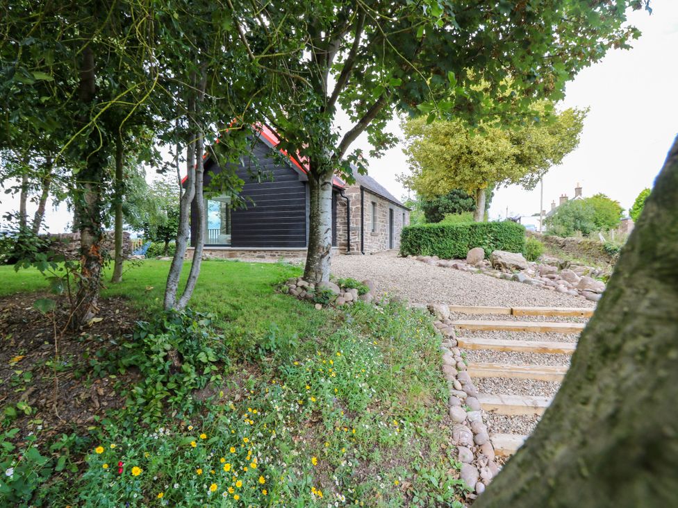 A garden with a house and pathways at Doocot Wood Cottage Forfar