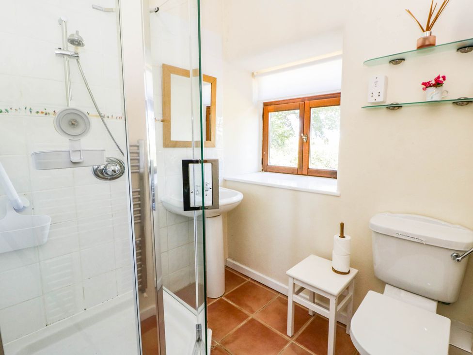 A bathroom with a shower and sink at May Cottage St Davids