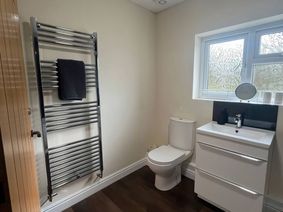 A bathroom with a sink, toilet, and towel warmer at Saddleback Bungalow in Llandrindod Wells