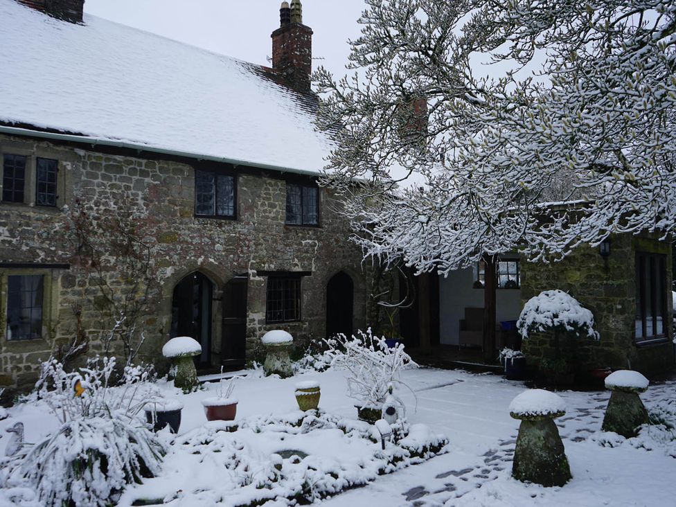 An outdoor scene of a snow-covered house and garden with trees at 