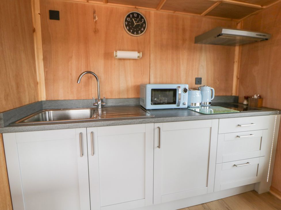 A kitchen with a sink and microwave at Oak Lodge in Brecon