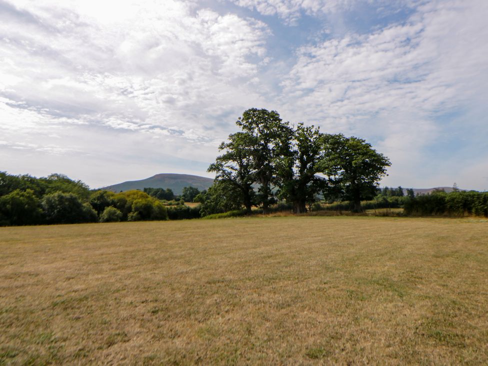 A field with trees and mountains in the background at Oak Lodge Brecon