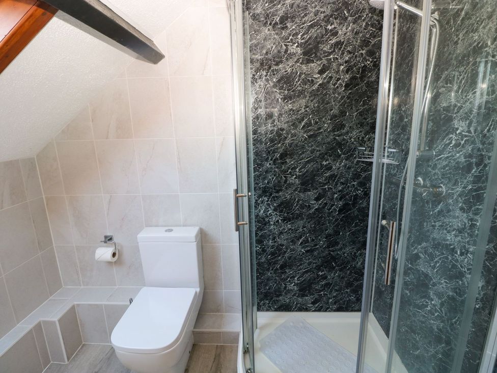 A bathroom with a shower and toilet at The Stable in Haverfordwest
