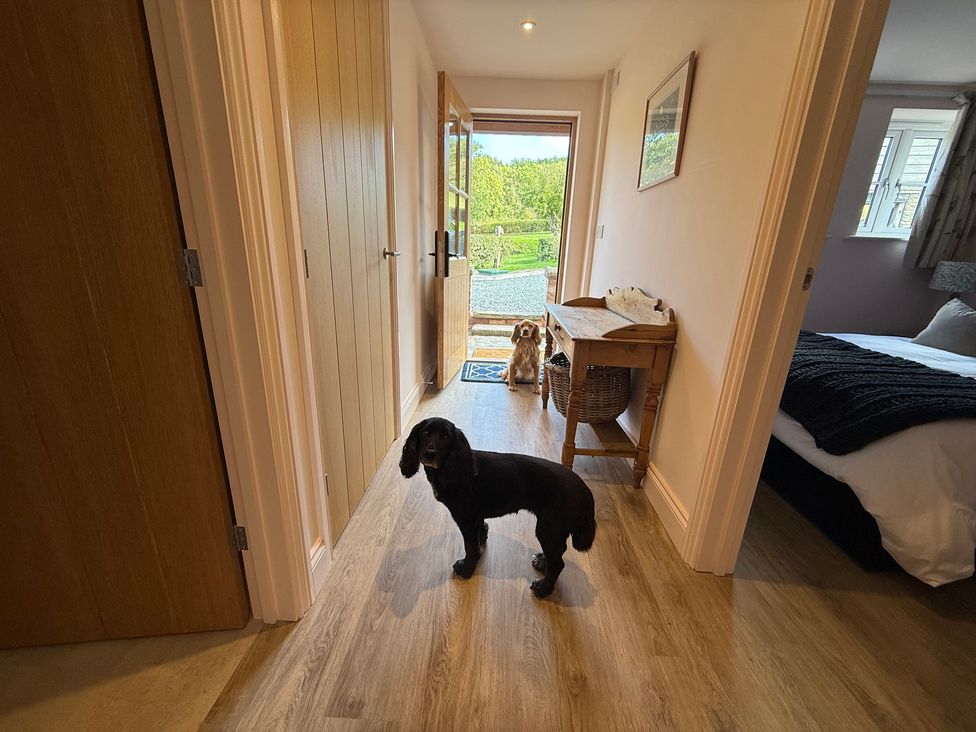 A hallway with dogs and a table at Little Red Barn Wallop near Westbury