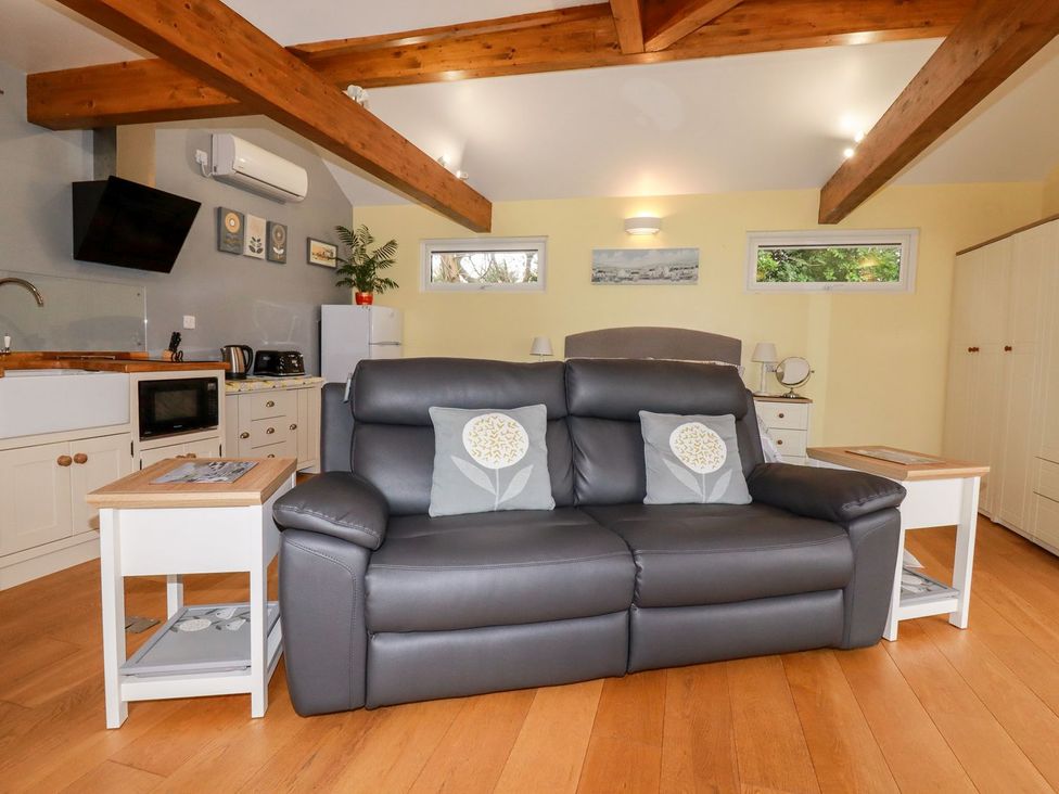 A living room with a sofa and kitchen in Brambleside Lodge Truro