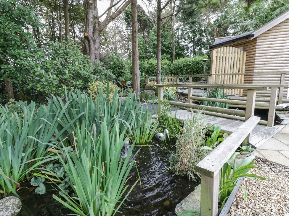 A garden with a pond and a wooden bridge at Brambleside Lodge Truro