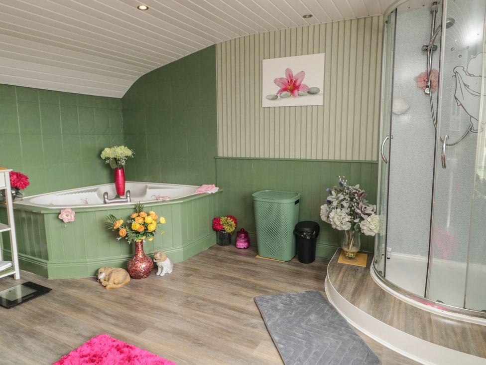 A bathroom with a bath tub and shower at Mourne Mountains View Dunmurry