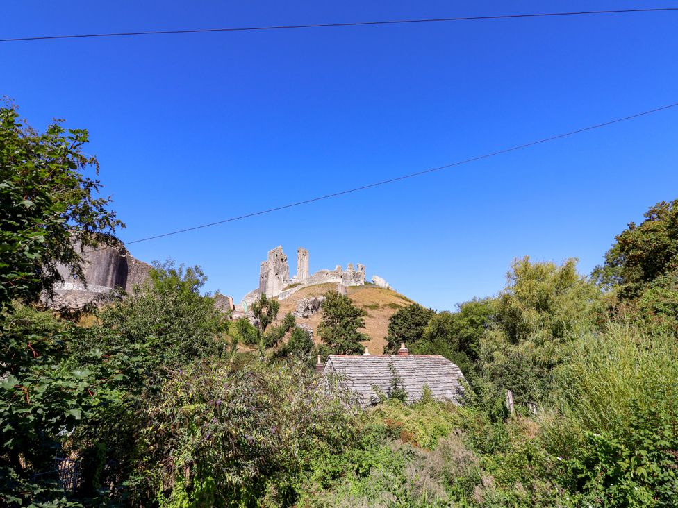 A view of castle ruins and greenery at Farthing Cottage Corfe Castle