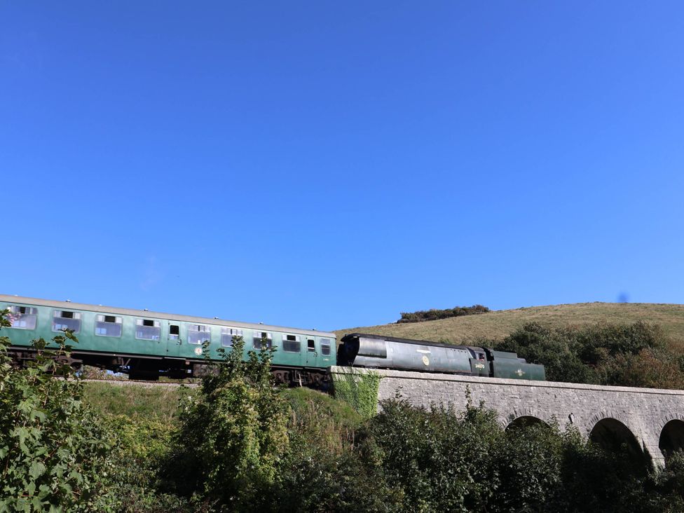 A train passing over a bridge surrounded by greenery at Farthing Cottage in Corfe Castle