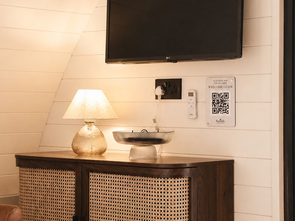A living room with a television and lamp at The Hog Hut in Llanarth