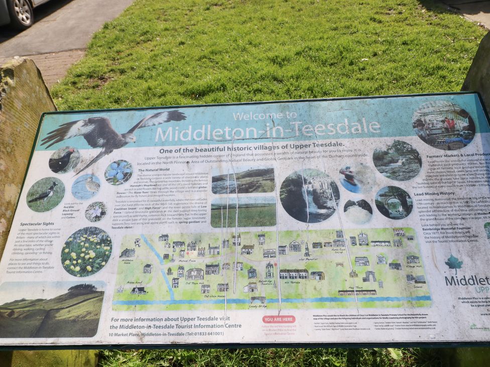 A welcome sign for Middleton-in-Teesdale showing local attractions and a map of the area