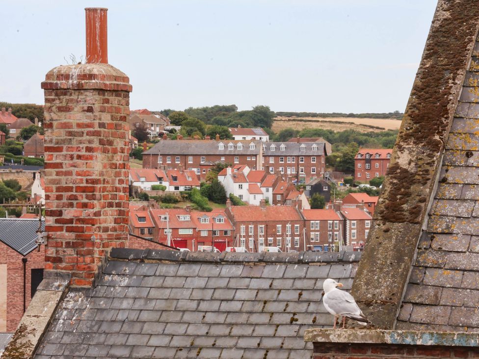A rooftop view with a seagull and buildings at 14 Brunswick Street Whitby
