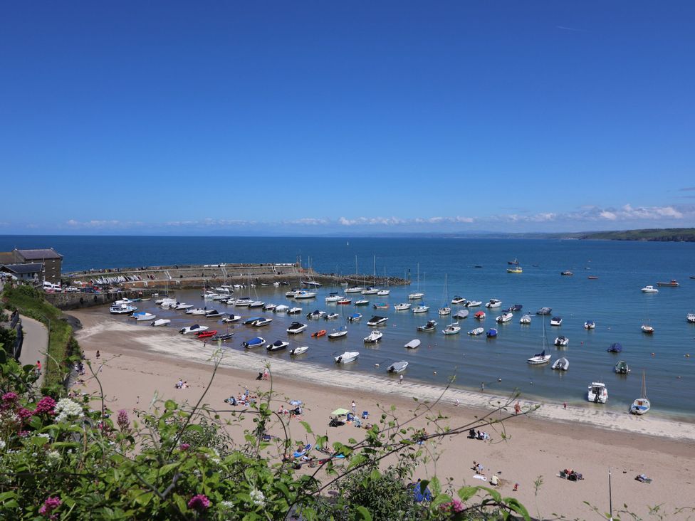 A beach view with boats in the water and flowering plants at 73 Cildraeth in New Quay