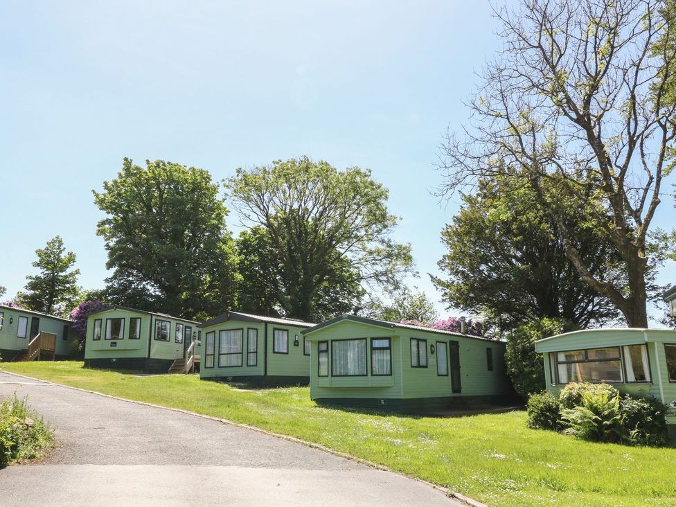 A row of green caravans with trees and grass at Cox Tor in Tavistock