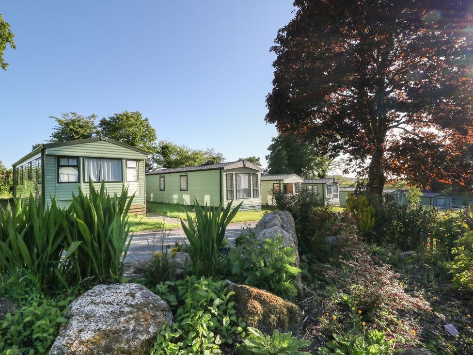A mobile home park with green homes and vegetation at Feather Tor in Tavistock