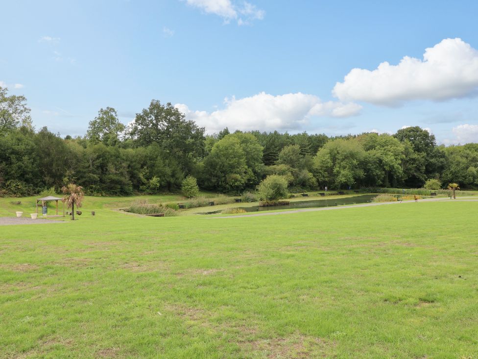 An outdoor area with a pond and trees at Red Kite Lodge in Coalville