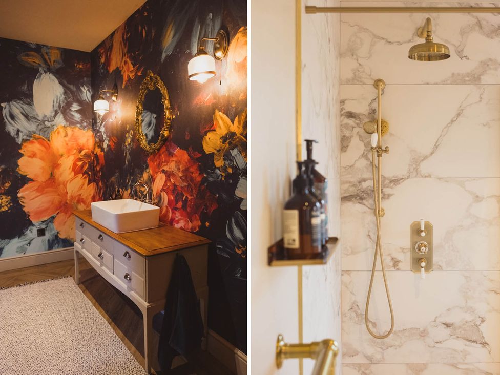 A bathroom with a sink and shower at the property
