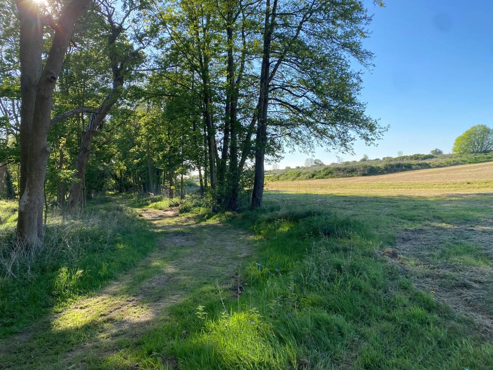 A path surrounded by trees leading to a field at Paddock View Snetterton Norfolk near East Harling