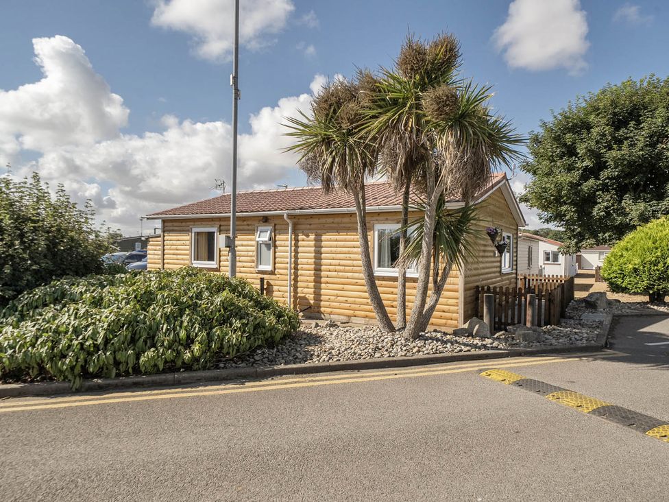 A log cabin with palm trees and a hedge at Seaside Chalet Retreat in Bridlington