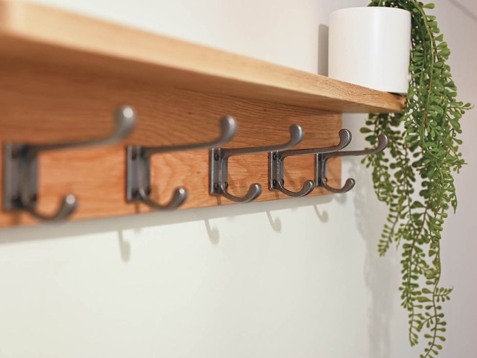 A wall shelf with hooks and a plant at 1 Bed Sleeps 2 Near Beach Parking Hastings