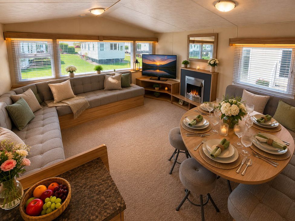 A living room with a sofa, table, and television at Billing Aquadrome Holiday Park 2bed Caravan Northampton