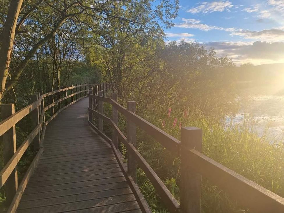 A wooden walkway beside water with trees at the sides near Lochwinnoch