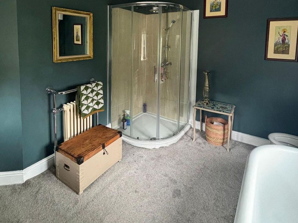 A bathroom with a shower, radiator, and storage box at the property