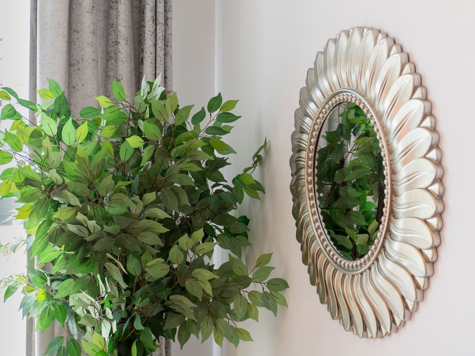 A mirror and an artificial plant near a curtain at Queens Lodge Sleeps 2 with Welcome Pack Redhill