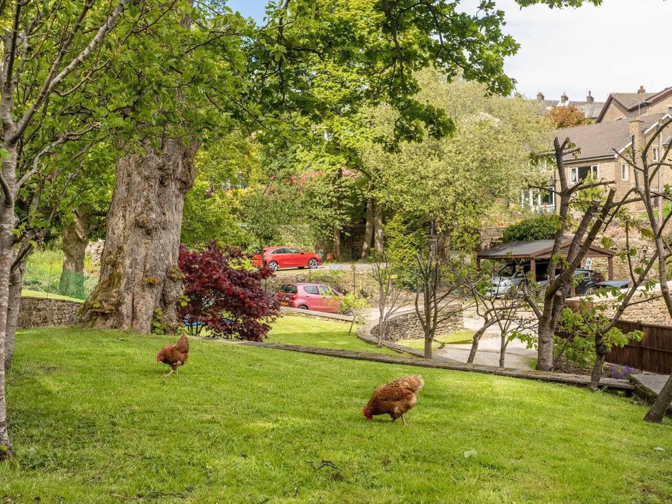 A garden with two chickens on grass and parked cars at OldMill 2Bed Sleeps6 PrivateGarden OptionalHotTub in Oakworth