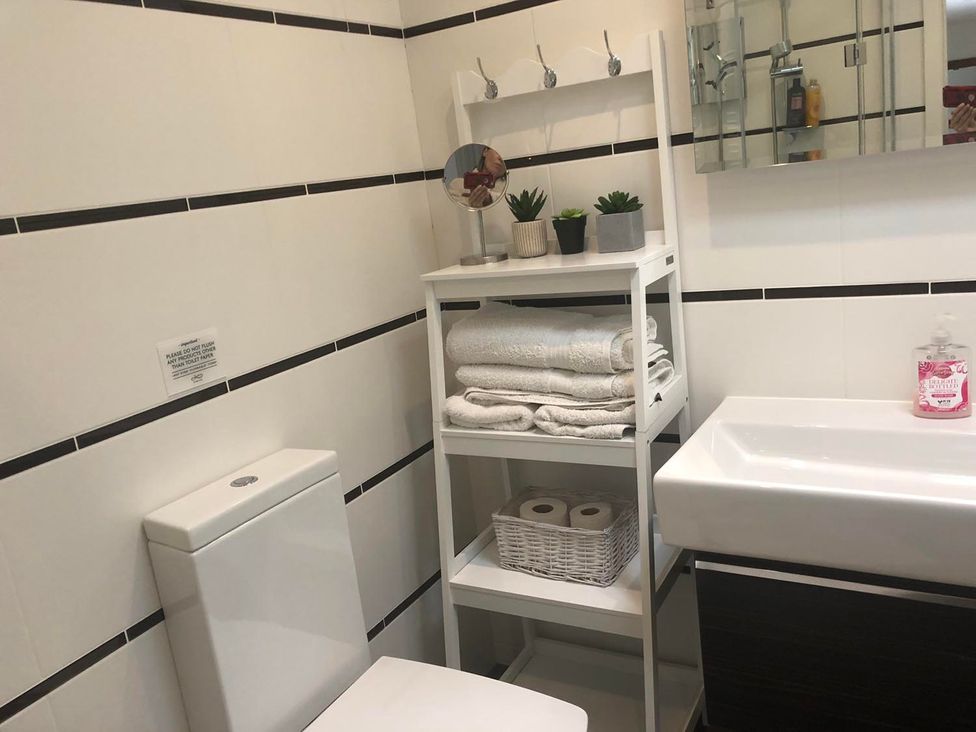 A bathroom with a toilet, sink and shelf holding towels and plants at Tyler Hill near Canterbury
