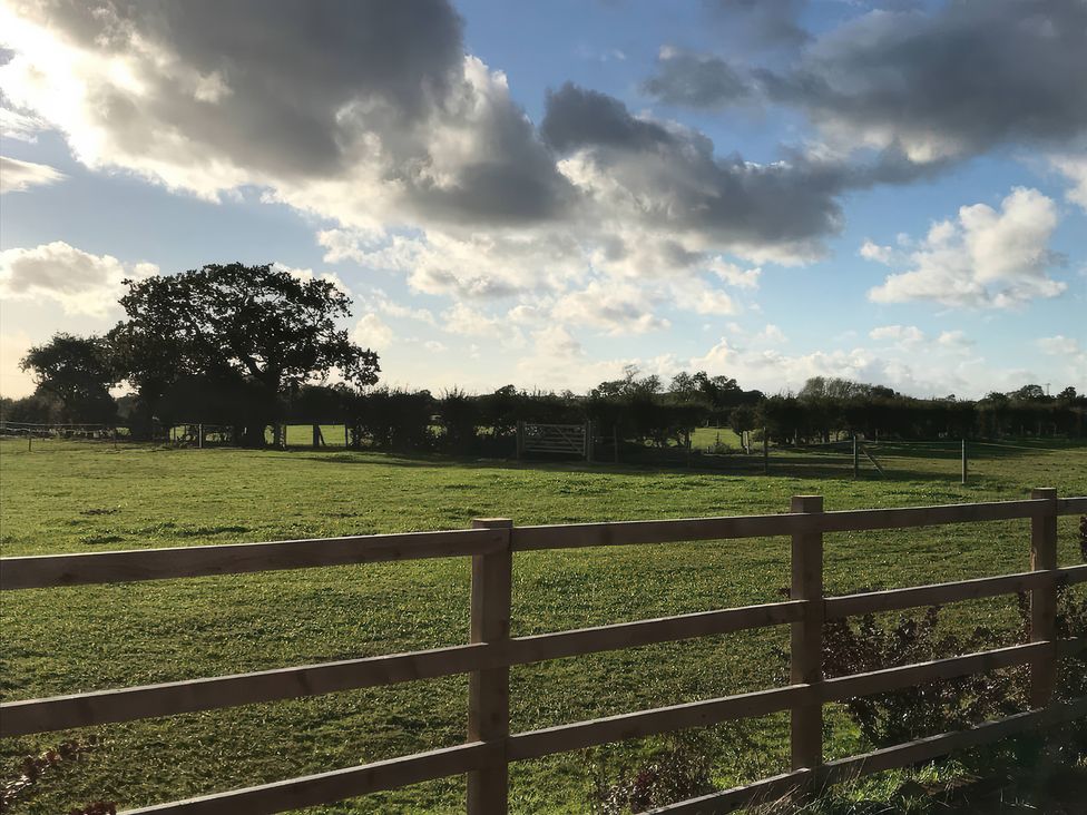 A grassy field with trees under a cloudy sky at Oakley Country Retreat1 Bed Garden Free Parking Nantwich