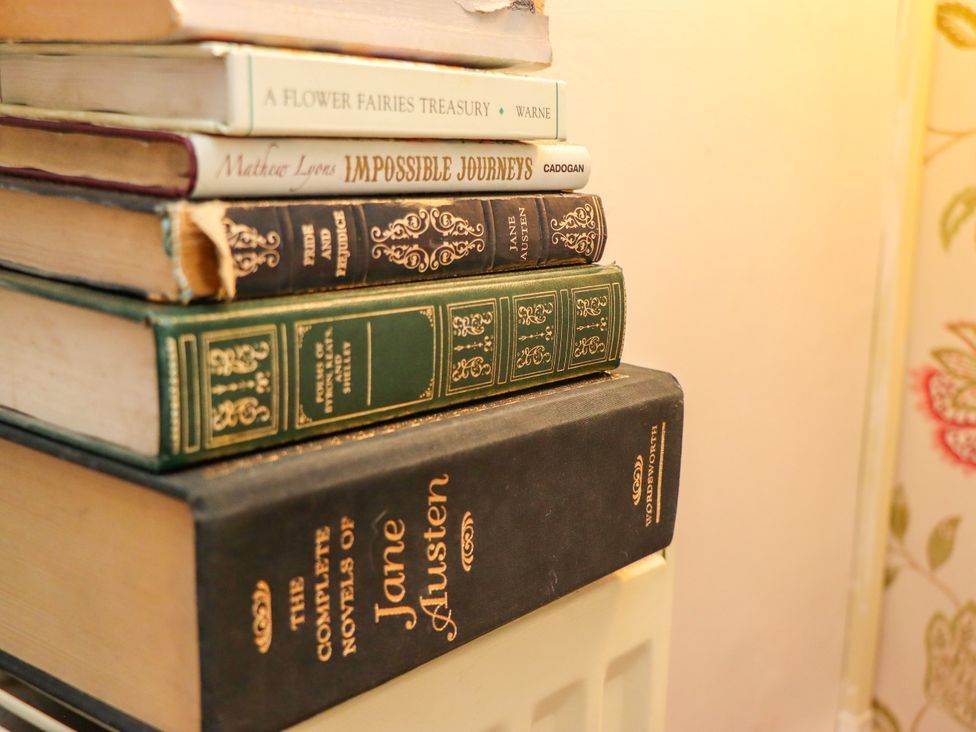 A stack of books including titles by Jane Austen at Blue Cottage in Malton