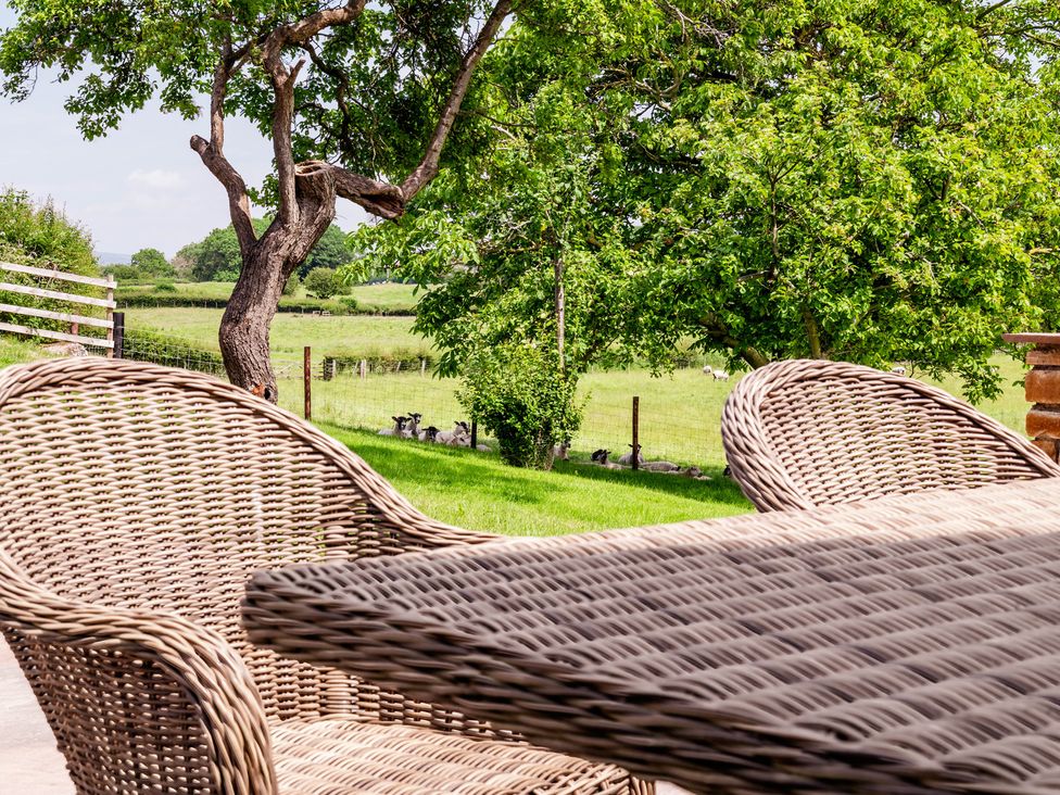 A garden with wicker chairs and table at Bay Bungalow