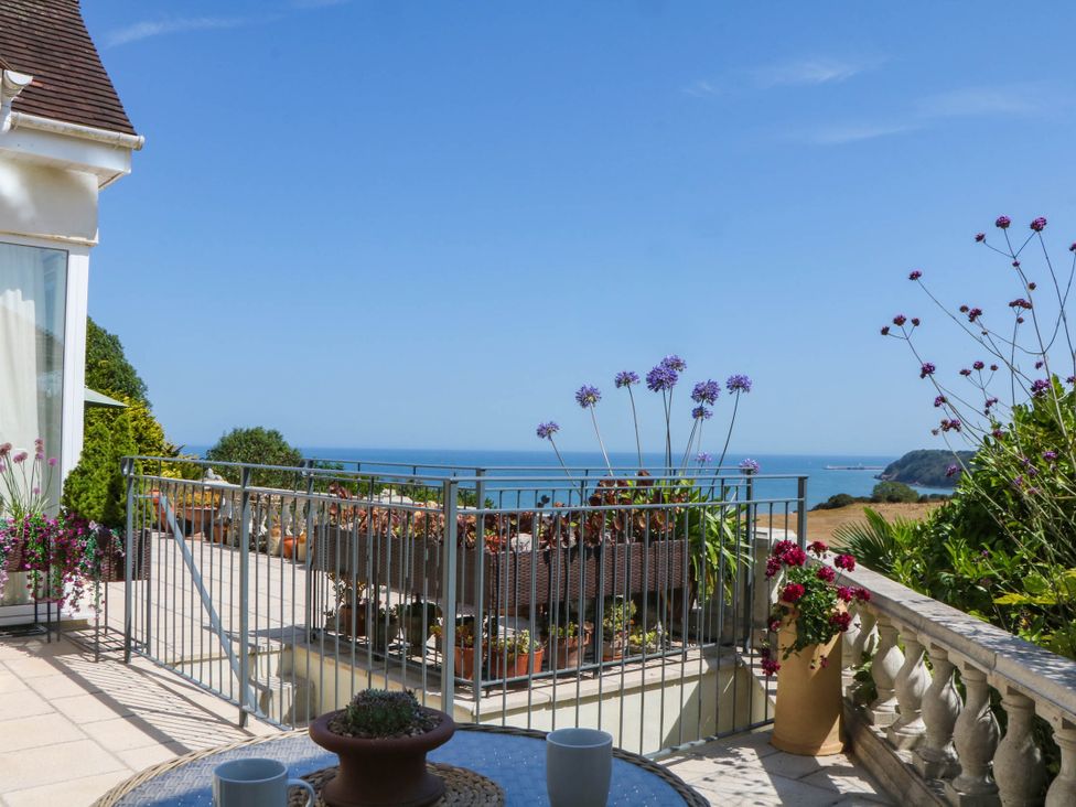 A patio with railing and planters overlooking the sea at Elberry Cove View in Paignton