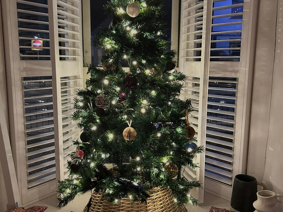 A Christmas tree with decorations and lights in the living room at Rheidiol in St Davids