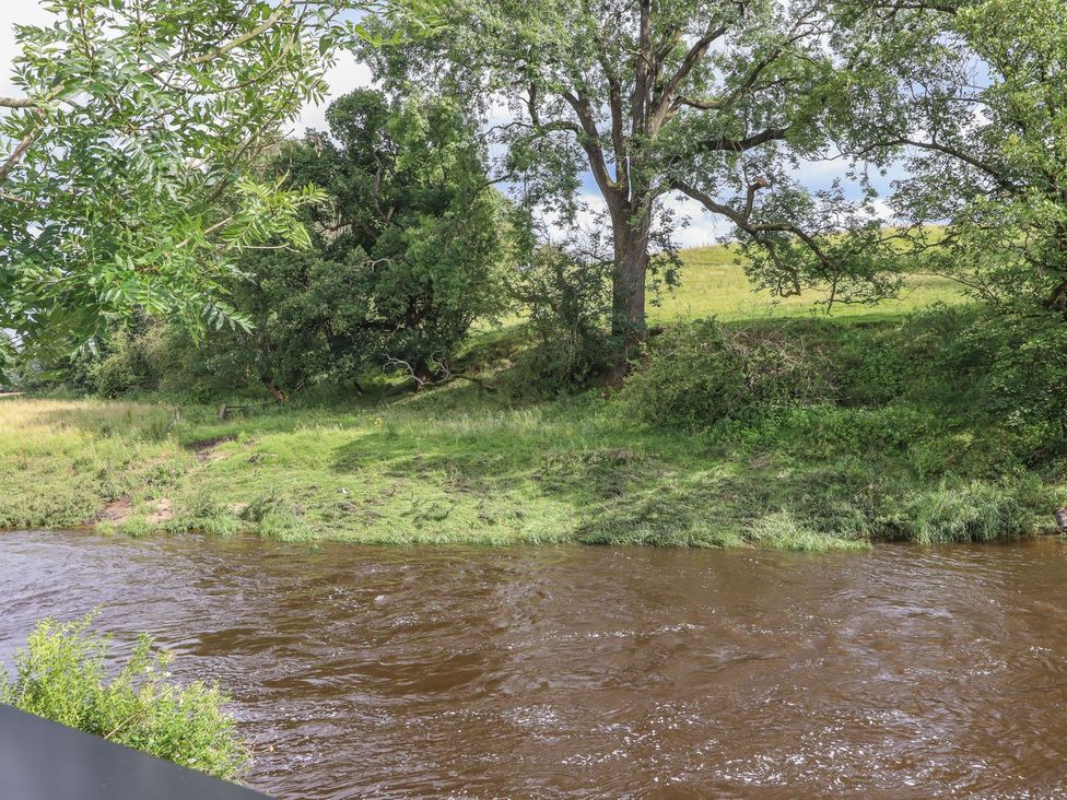 A river with trees and grass along the bank at Cottage by the River in Burnley