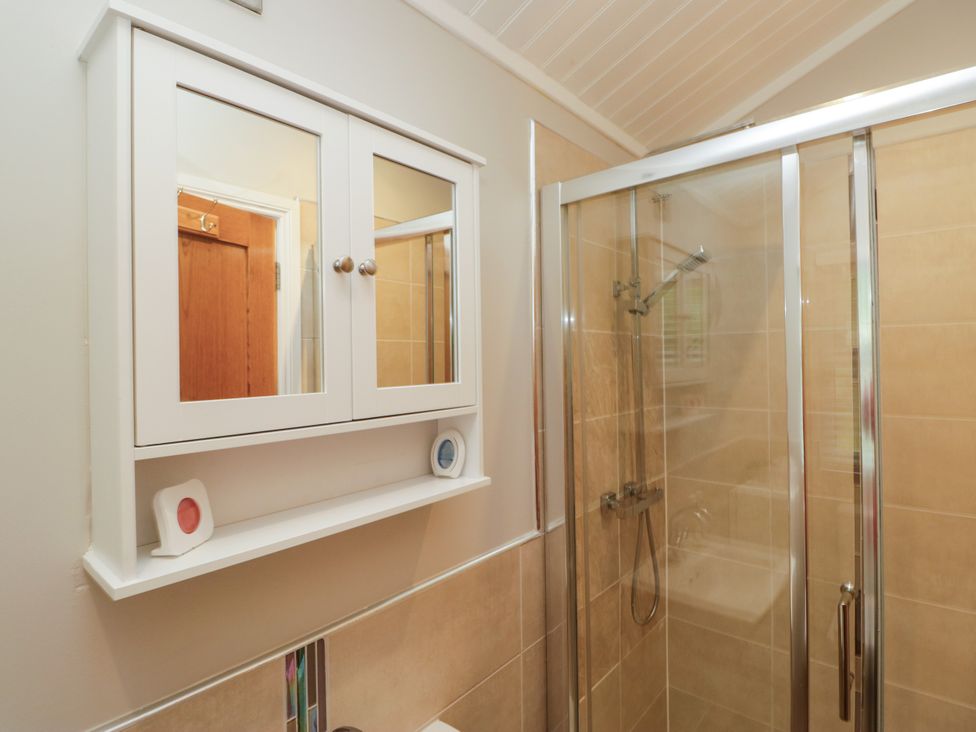 A bathroom with a shower and a mirror cabinet at Fir Tree Lodge in White Cross bay on Windermere, Troutbeck Bridge