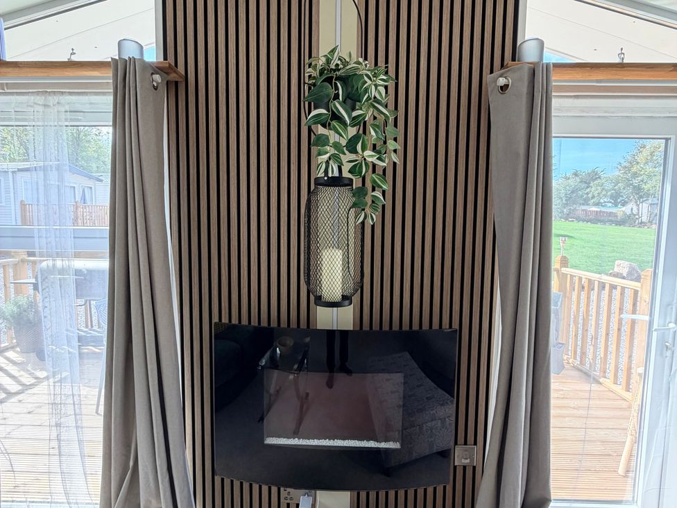 A living room with a television and a planter at Boutique Lodge in Cheriton Bishop