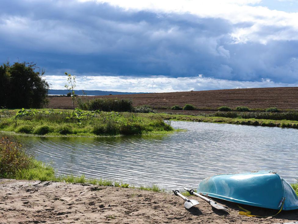 A boat and paddles near a pond at Shepherd Hut at Garden Cottage near Woolaston