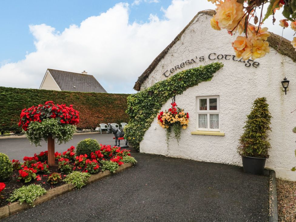 A garden with flowers and a cottage at Teresa's Cottage