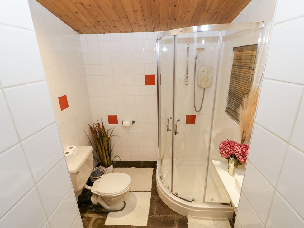 A bathroom with a shower, toilet, and sink at Teresa's Cottage