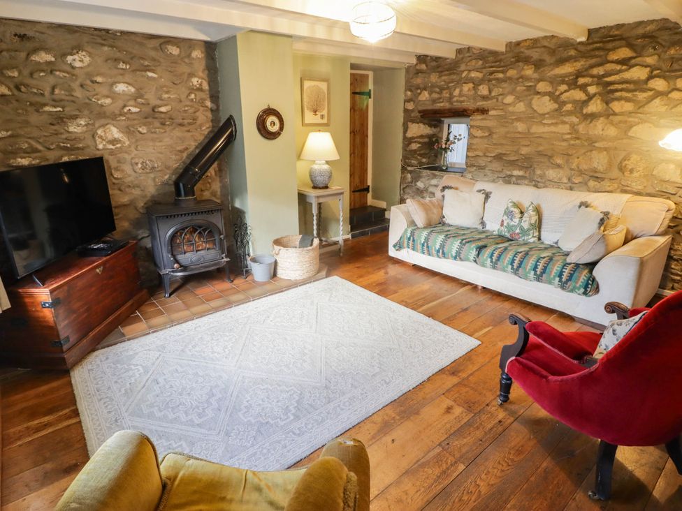 A living room with a television and a fireplace at Ty'r Wennol in Fishguard