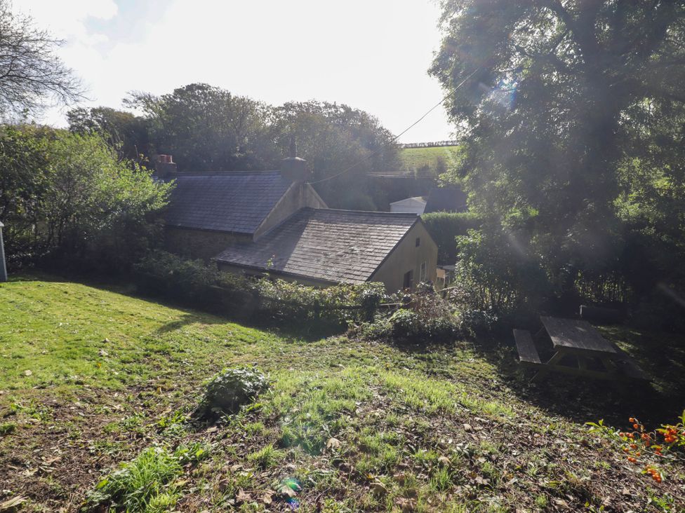 A garden with a house and trees at Ty'r Wennol in Fishguard